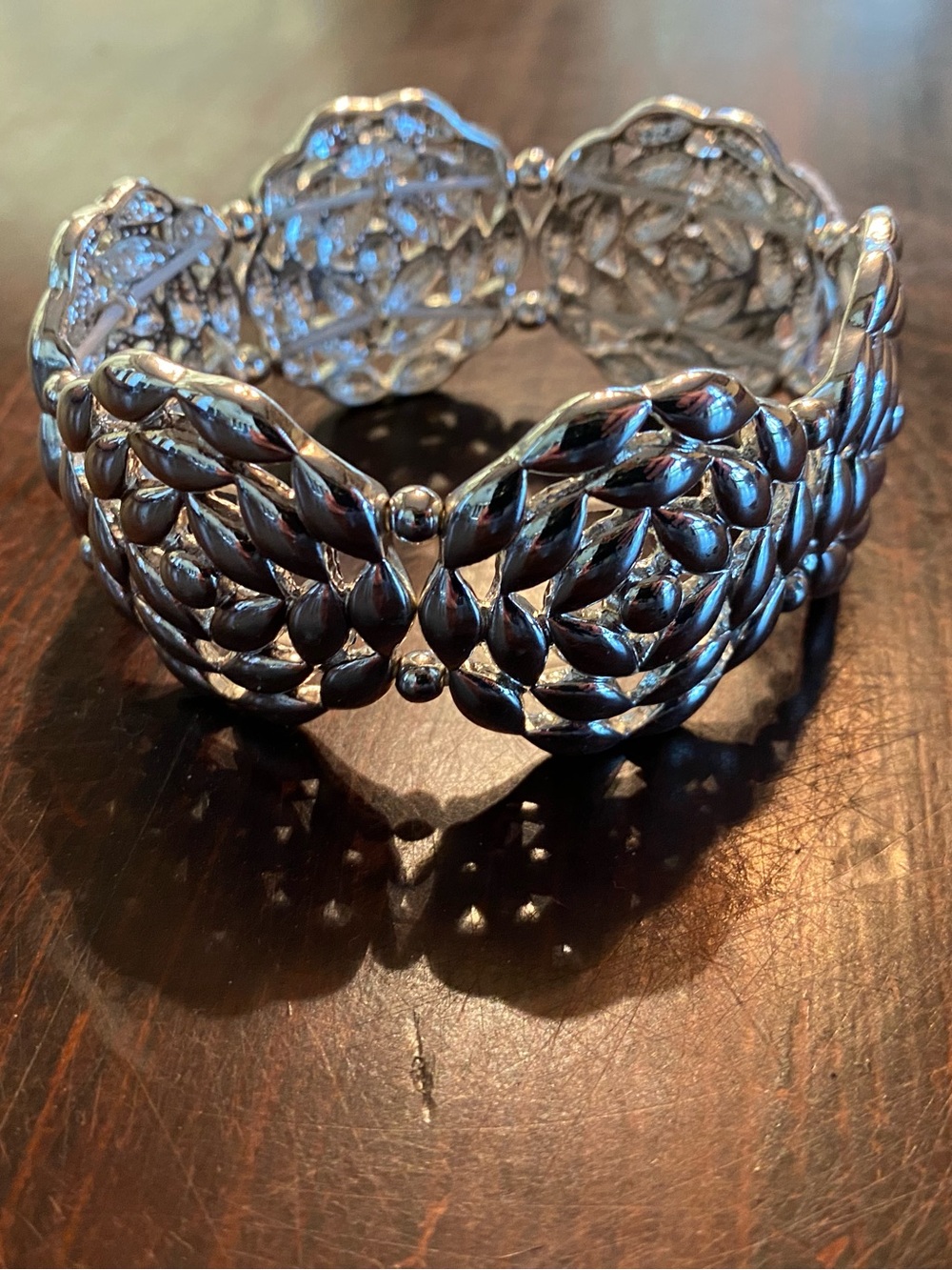 Silver-Tone Floral Filigree Stretch Bracelet - Women Jewelry